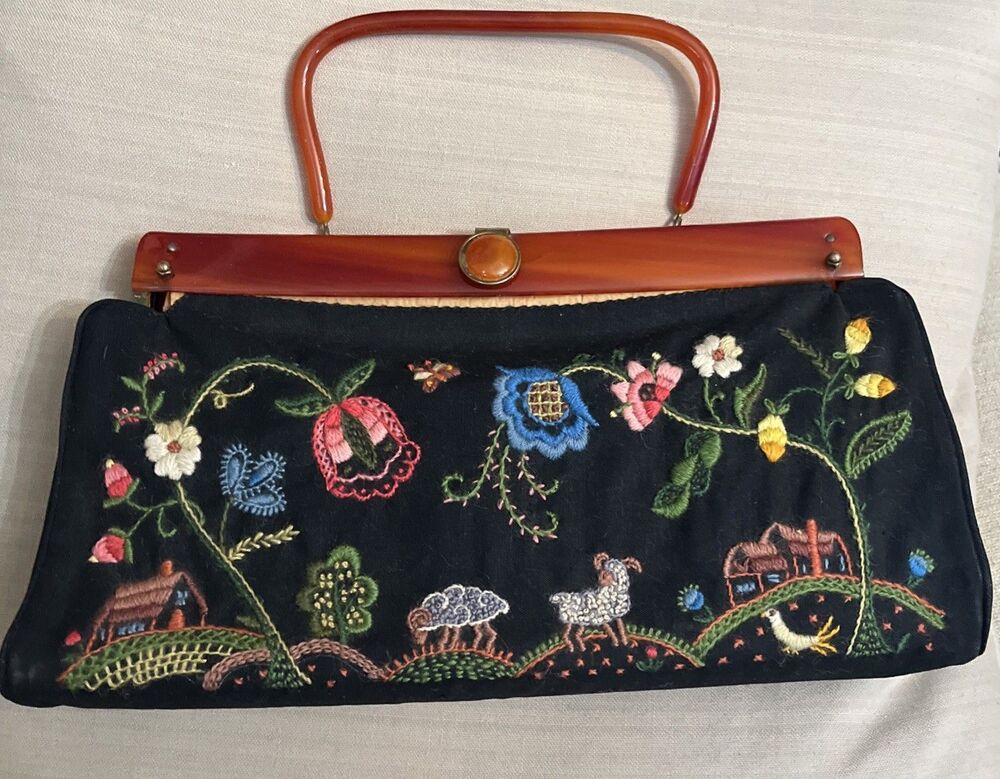 Vintage 1950s Wool Embroidered Purse Bakelite Clasps & Handle Floral Animals